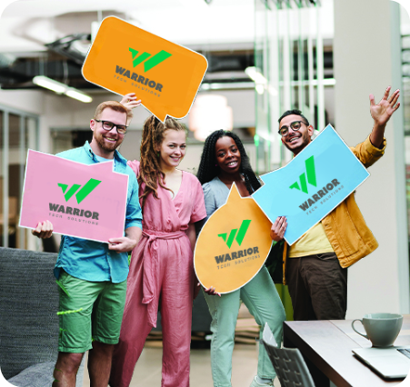 People holding name board with Warrior Tech solutions logo in it